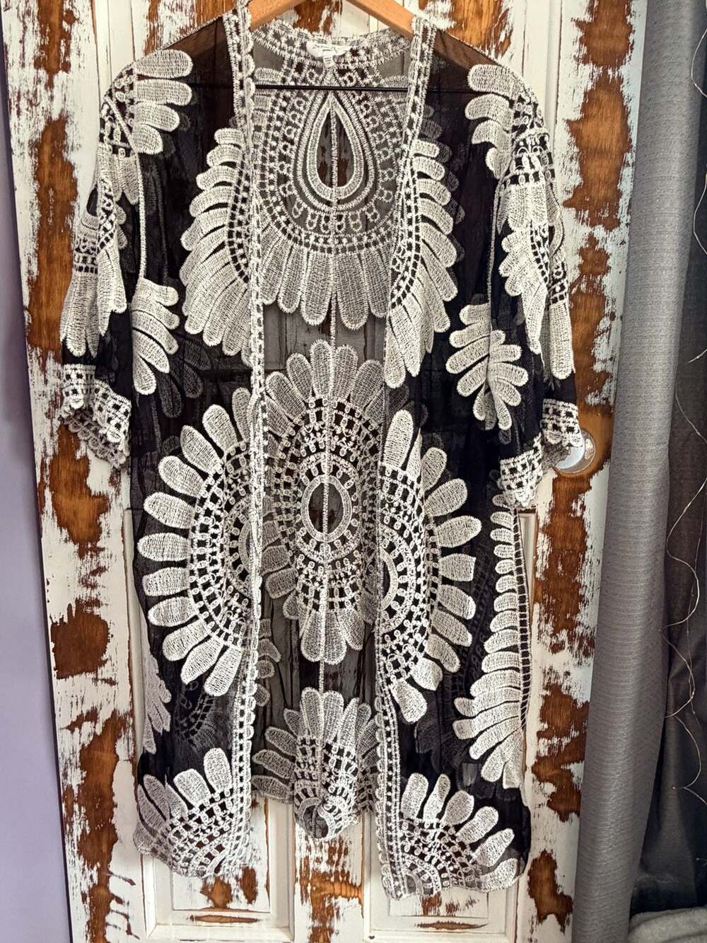 Black & White Floral Lace Crochet Open Front Kimono Duster Cardigan Size 1X Boho